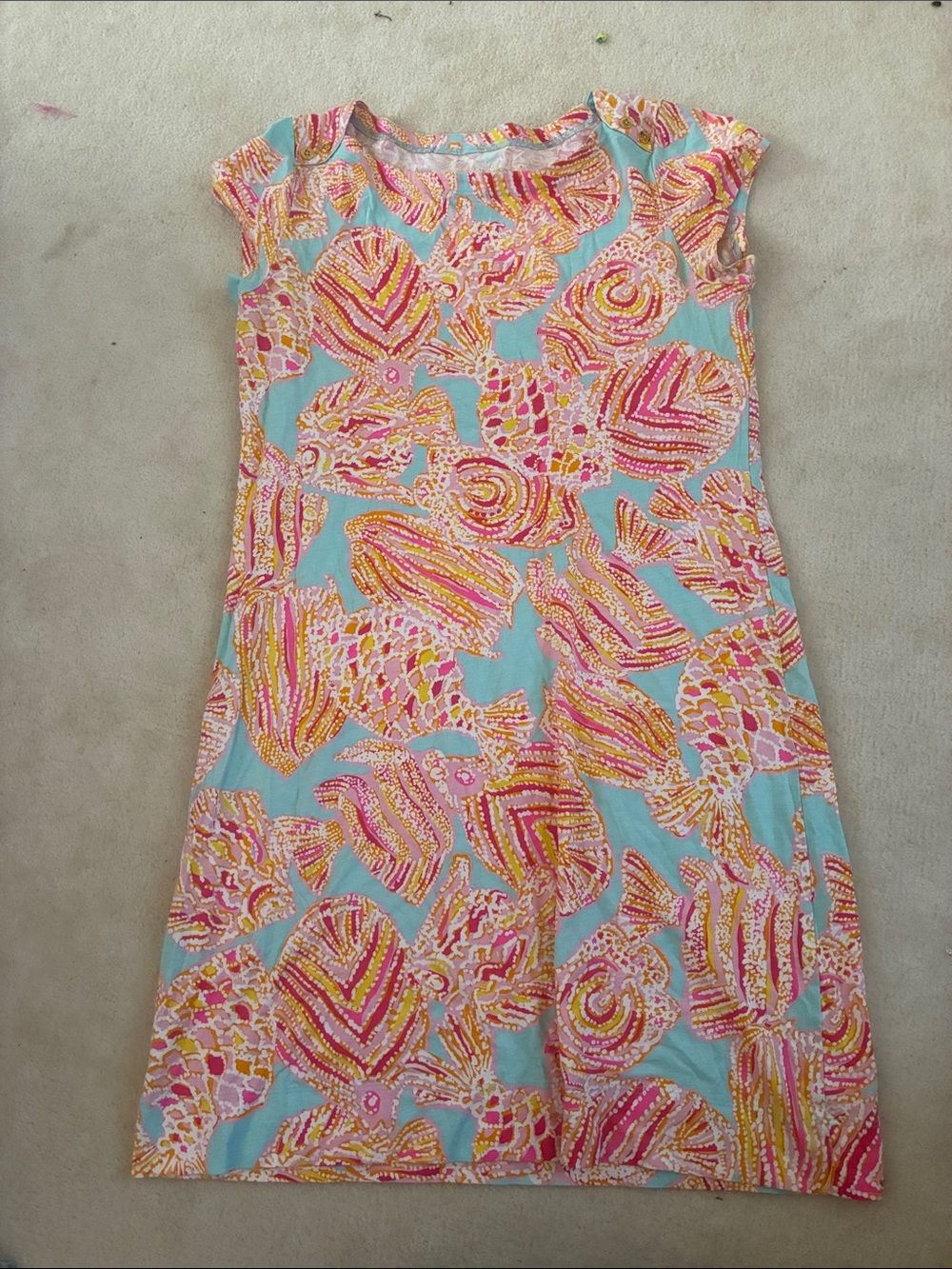 Lilly Pulitzer Aqua Shell-Print Midi Dress in Pink & Yellow